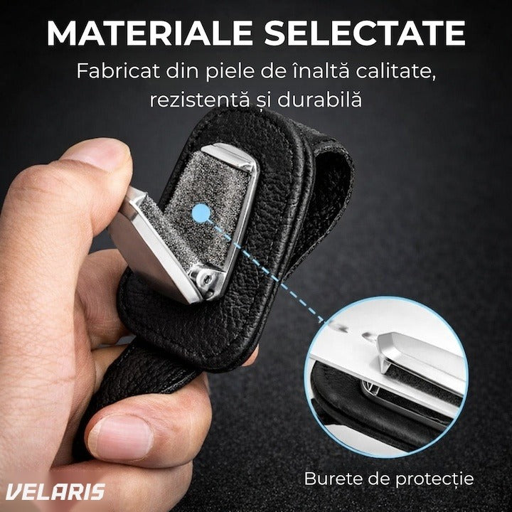 Suport ochelari pentru parasolar auto, piele și aluminiu, 5x10 cm, negru