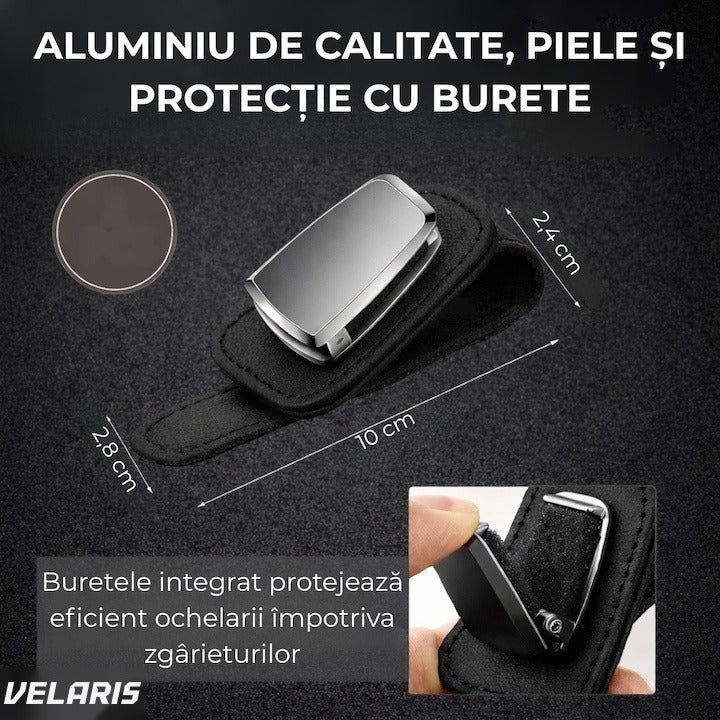 Suport ochelari pentru parasolar auto, piele și aluminiu, 5x10 cm, negru