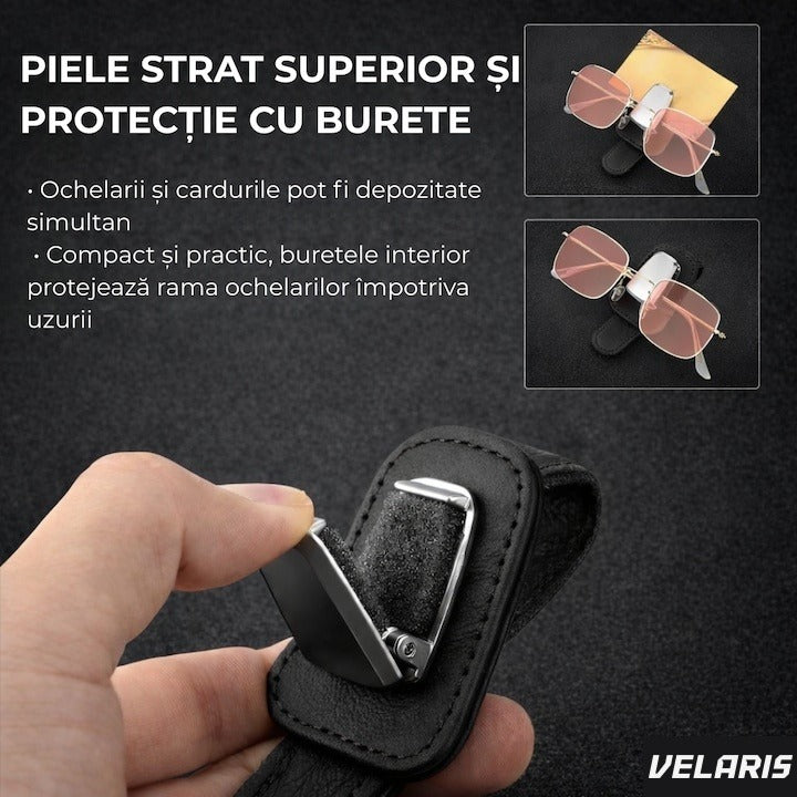 Suport ochelari pentru parasolar auto, piele și aluminiu, 5x10 cm, negru