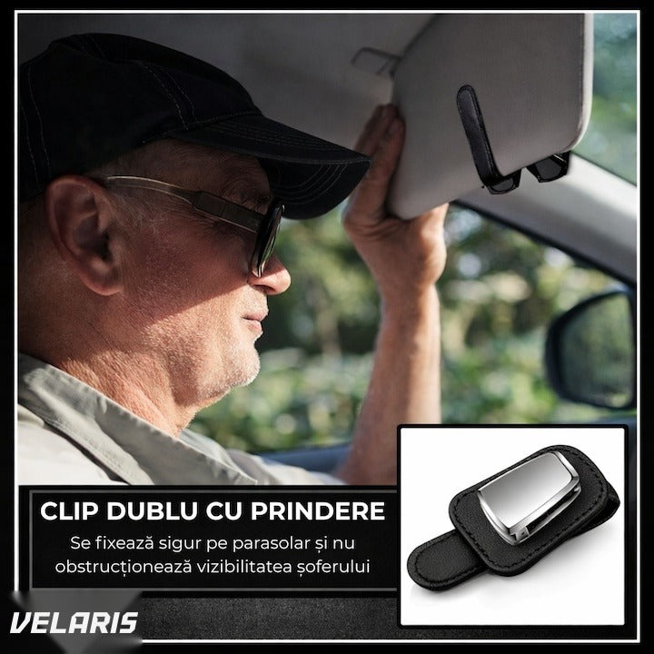 Suport ochelari pentru parasolar auto, piele și aluminiu, 5x10 cm, negru