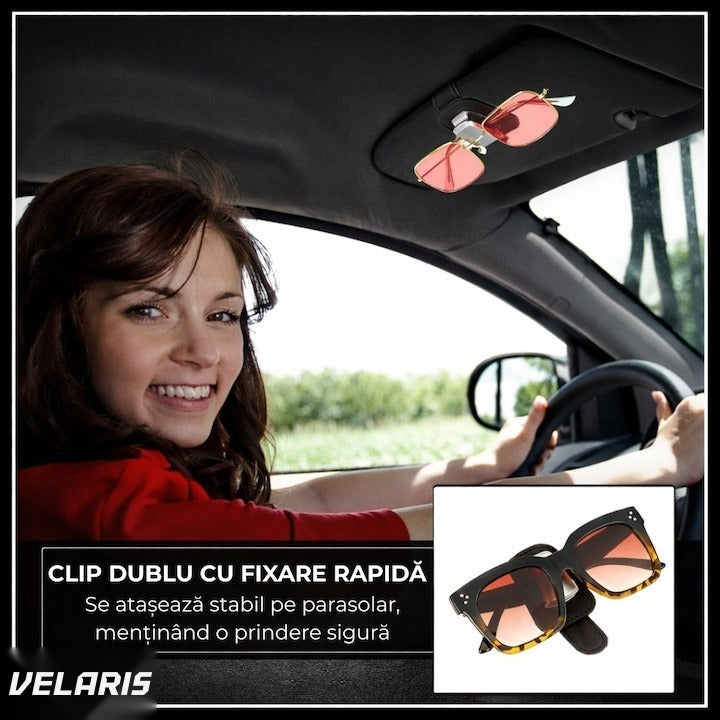 Suport ochelari pentru parasolar auto, piele și aluminiu, 5x10 cm, negru