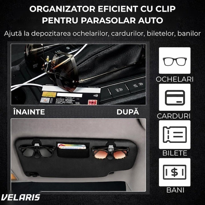 Suport ochelari pentru parasolar auto, piele și aluminiu, 5x10 cm, negru