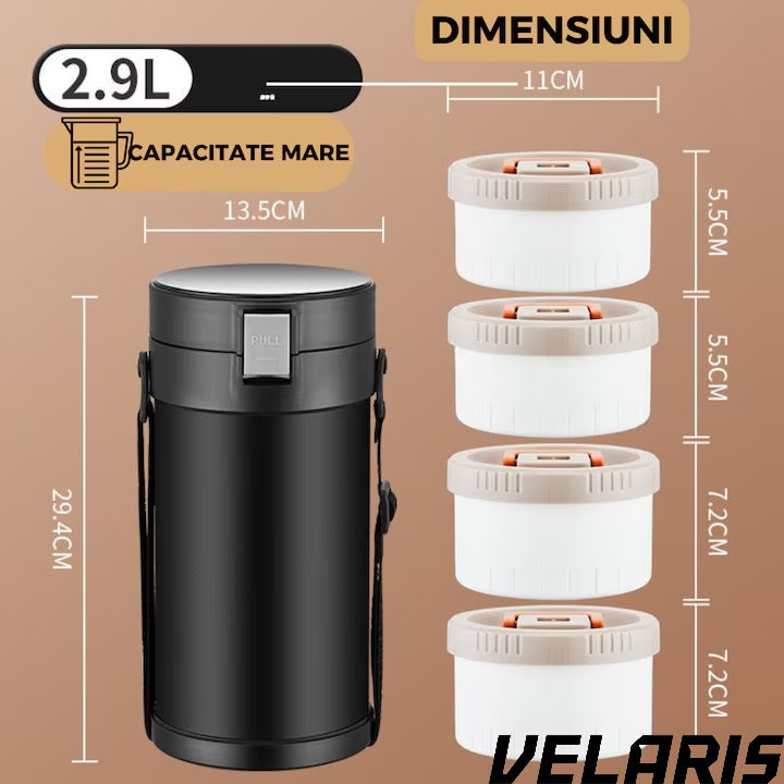 Caserola termica din inox 304, 2.3L, 3 compartimente, etansa, cu tacamuri incluse, Negru