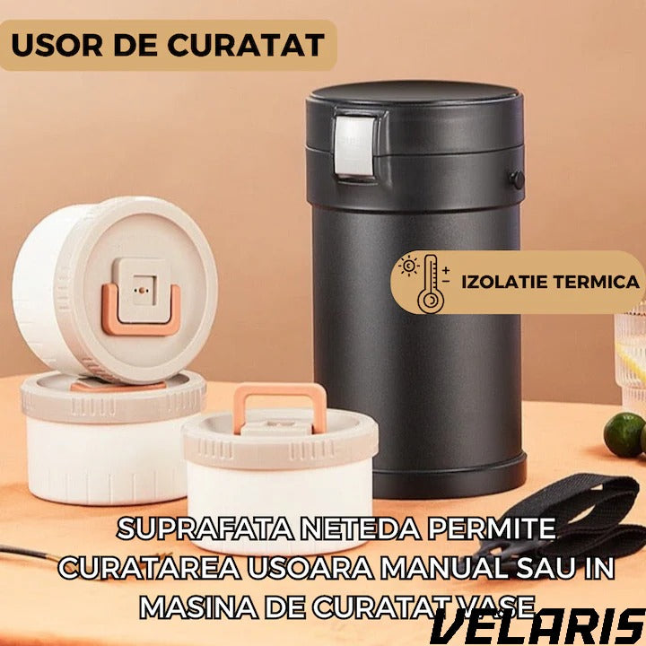 Caserola termica din inox 304, 2.3L, 3 compartimente, etansa, cu tacamuri incluse, Negru