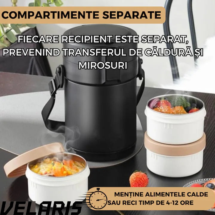 Caserola termica din inox 304, 2.3L, 3 compartimente, etansa, cu tacamuri incluse, Negru