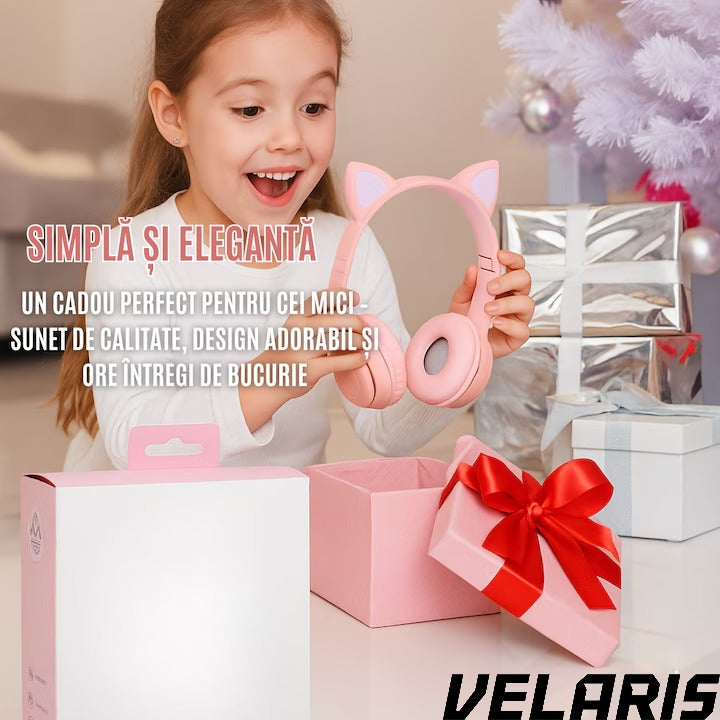 Casti stereo wireless P47, urechi pisica, Bluetooth 5.0, radio FM, reducere zgomot, pliabile, slot card, roz