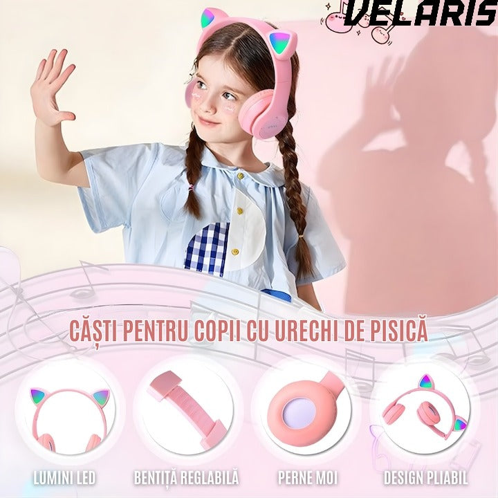 Casti stereo wireless P47, urechi pisica, Bluetooth 5.0, radio FM, reducere zgomot, pliabile, slot card, roz