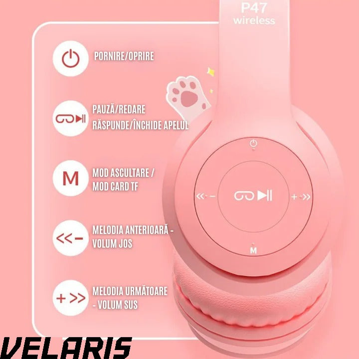 Casti stereo wireless P47, urechi pisica, Bluetooth 5.0, radio FM, reducere zgomot, pliabile, slot card, roz