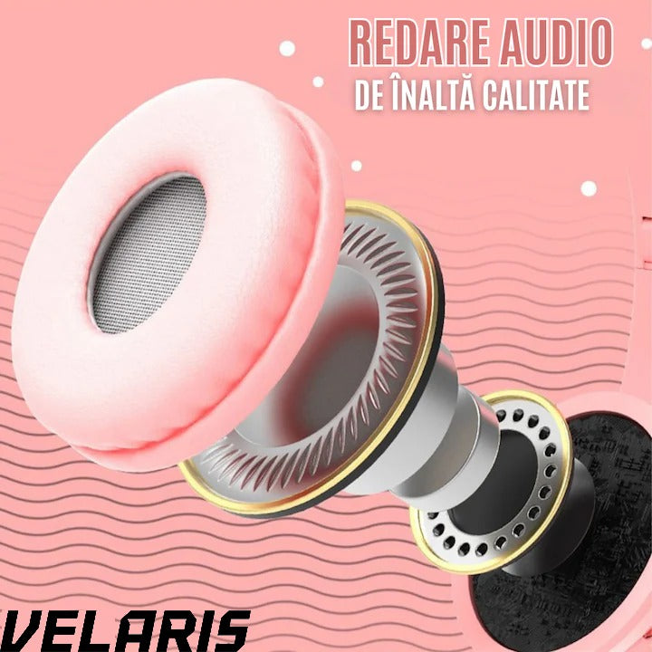 Casti stereo wireless P47, urechi pisica, Bluetooth 5.0, radio FM, reducere zgomot, pliabile, slot card, roz