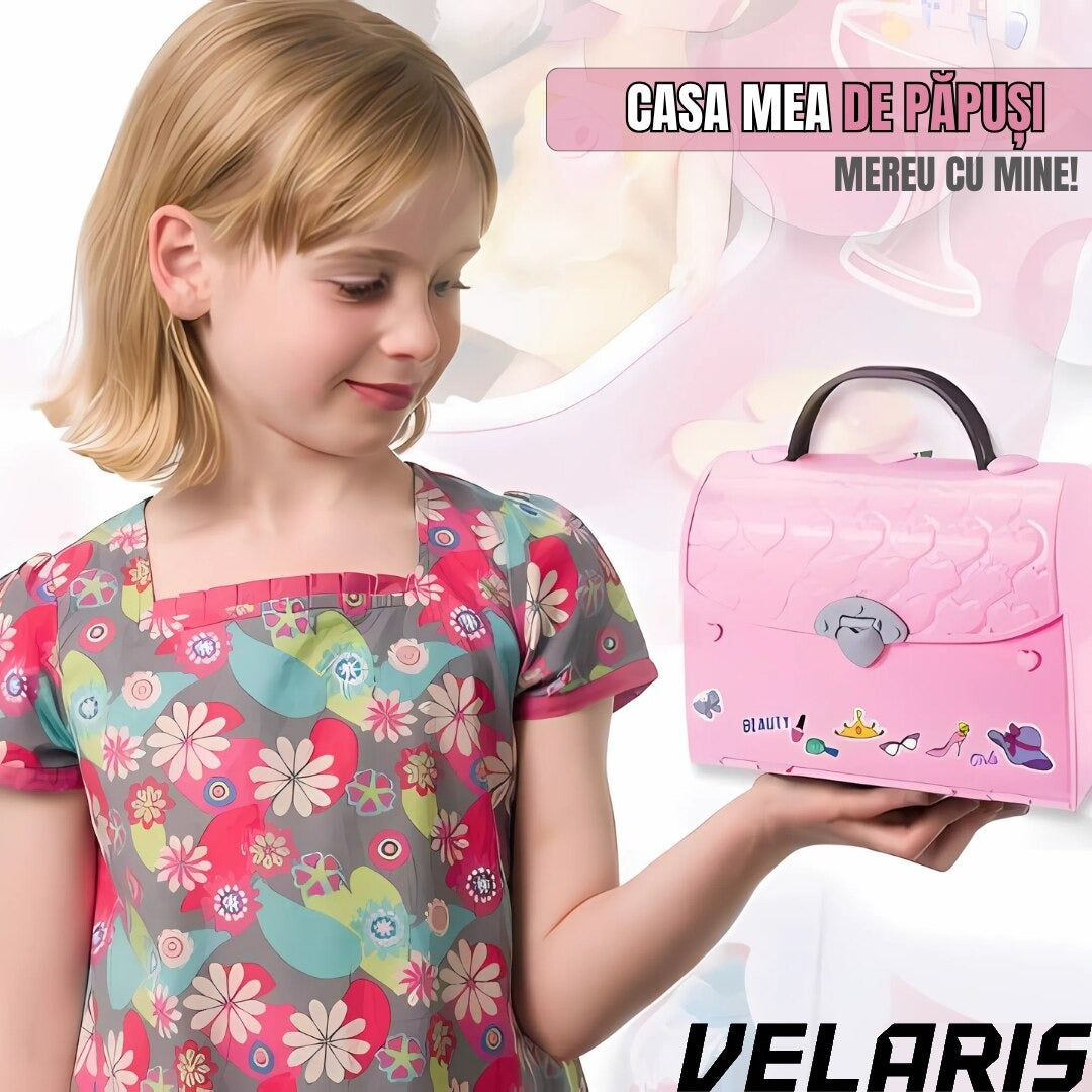 Casuta de papusi transformabila tip gentuta portabila, cu accesorii diverse, compacta, usor de transportat, pentru joaca imaginativa si dezvoltarea abilitatilor copiilor