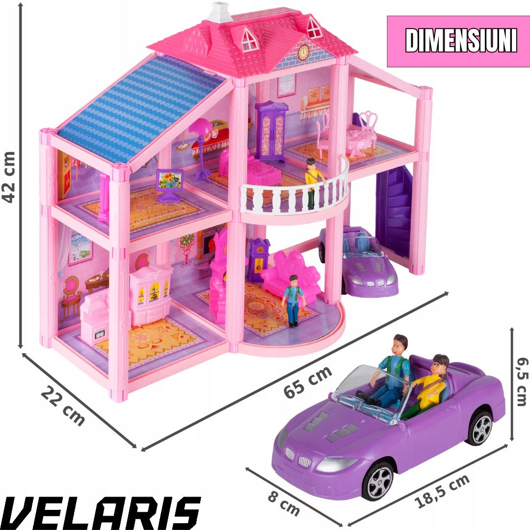 Casuta pentru papusi Lovely House, 2 etaje, 5 camere, garaj cu masina, 2 figurine incluse, set 112 piese