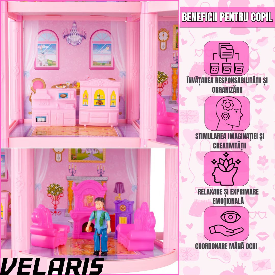 Casuta pentru papusi Lovely House, 2 etaje, 5 camere, garaj cu masina, 2 figurine incluse, set 112 piese