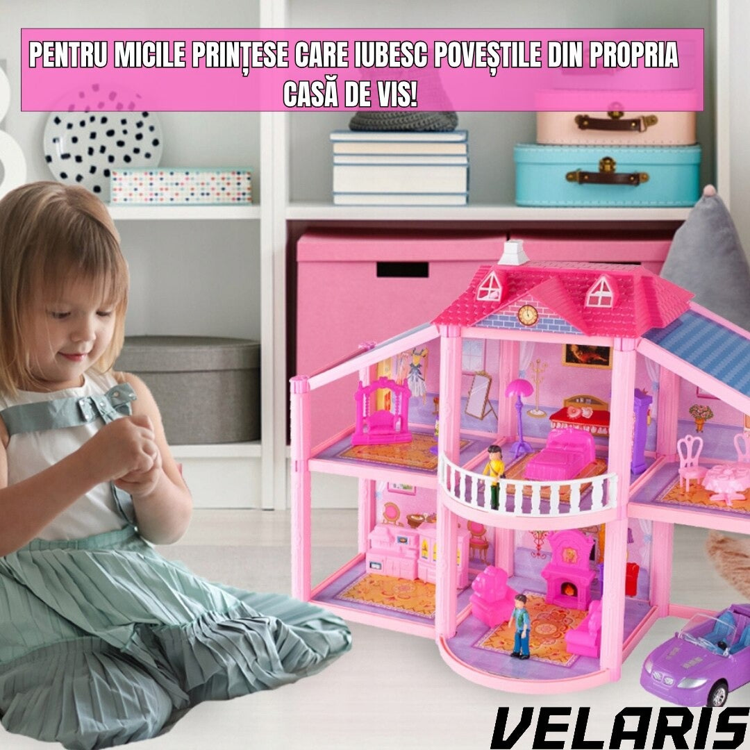 Casuta pentru papusi Lovely House, 2 etaje, 5 camere, garaj cu masina, 2 figurine incluse, set 112 piese