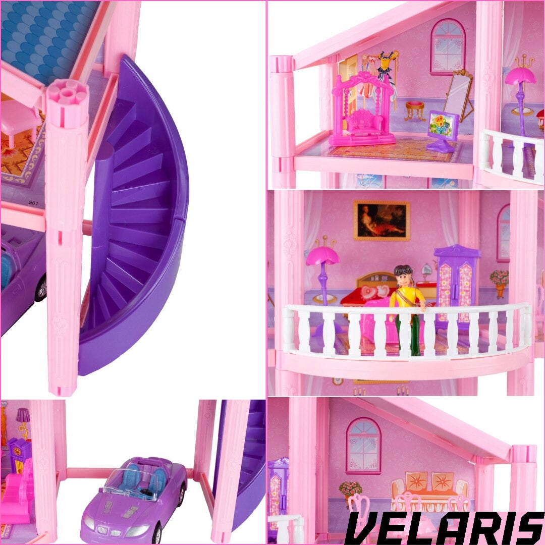Casuta pentru papusi Lovely House, 2 etaje, 5 camere, garaj cu masina, 2 figurine incluse, set 112 piese