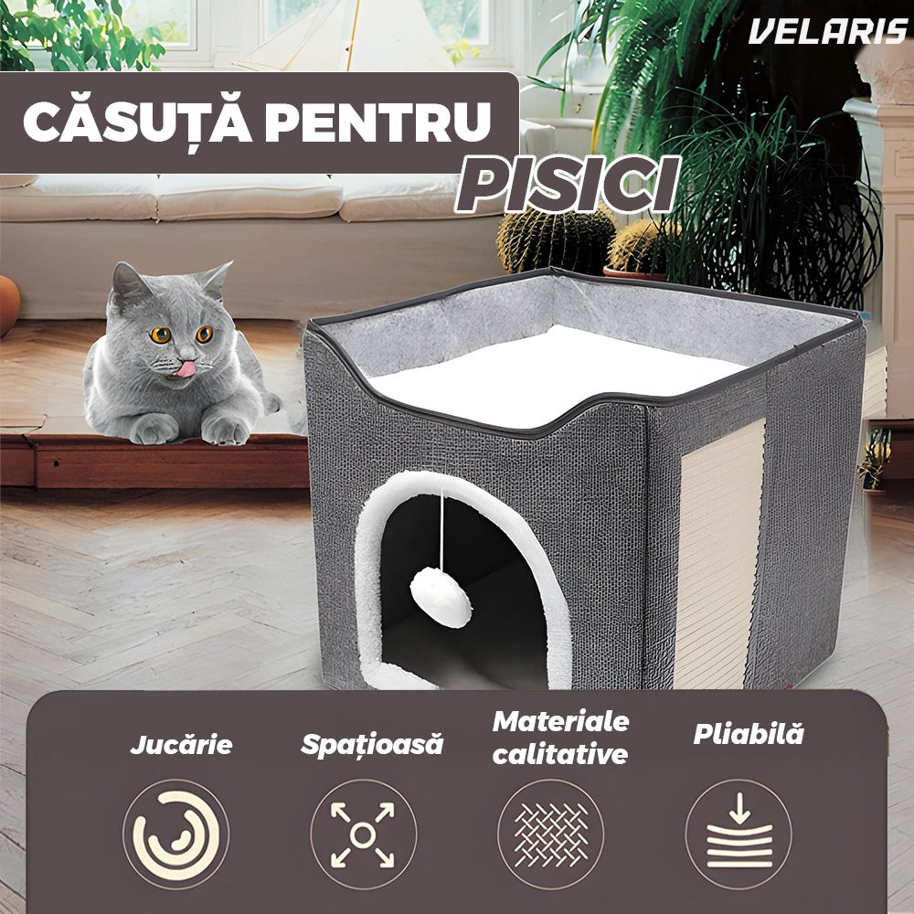 Căsuță pisică pliabilă, antiderapantă, gri, 38x38cm