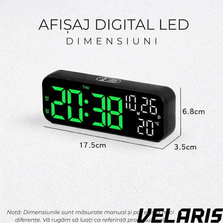 Ceas digital de masa si perete 24 x 9 cm afisaj LED verde alarma snooze calendar cronometru termometru luminozitate reglabila