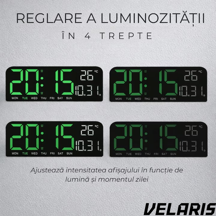 Ceas digital de masa si perete 24 x 9 cm afisaj LED verde alarma snooze calendar cronometru termometru luminozitate reglabila