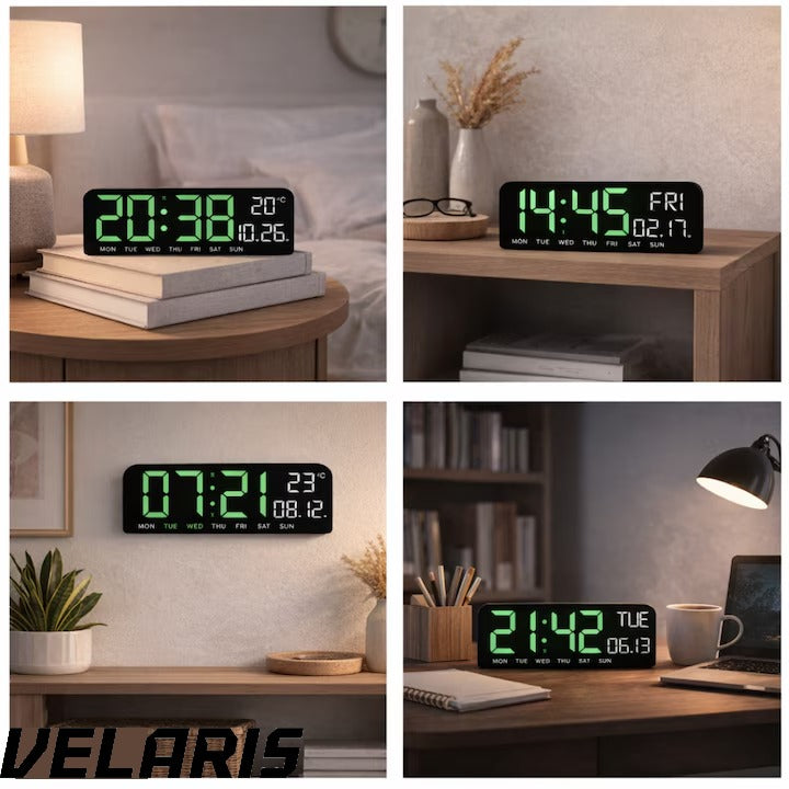Ceas digital de masa si perete 24 x 9 cm afisaj LED verde alarma snooze calendar cronometru termometru luminozitate reglabila