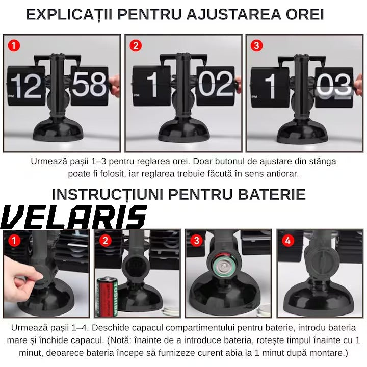 Ceas flip retro, numere mari, din otel inoxidabil, alimentat cu baterii, decor pentru living, negru clasic, design vintage, suport de metal