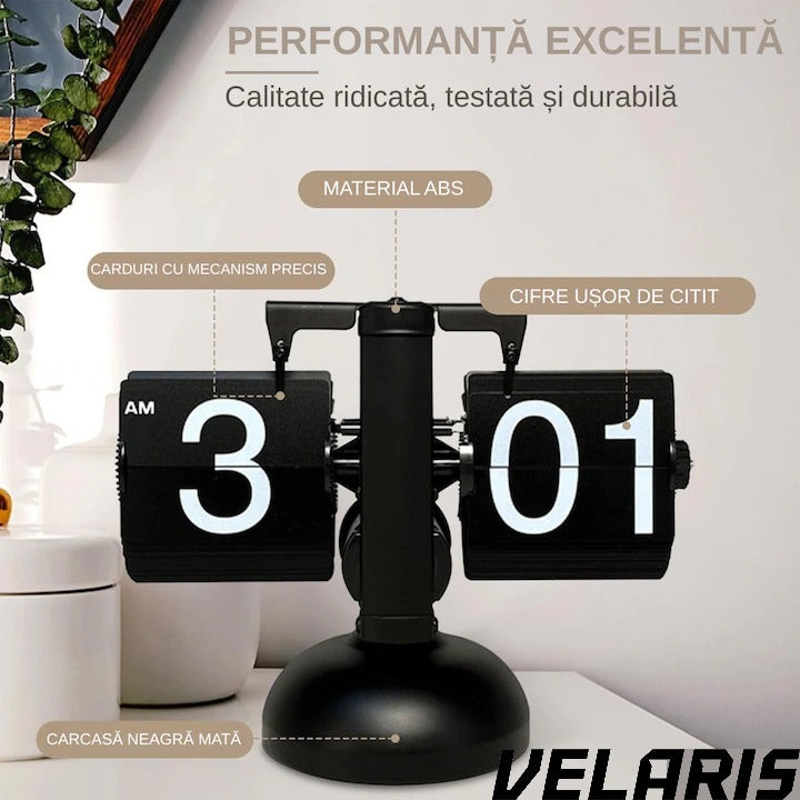 Ceas flip retro, numere mari, din otel inoxidabil, alimentat cu baterii, decor pentru living, negru clasic, design vintage, suport de metal