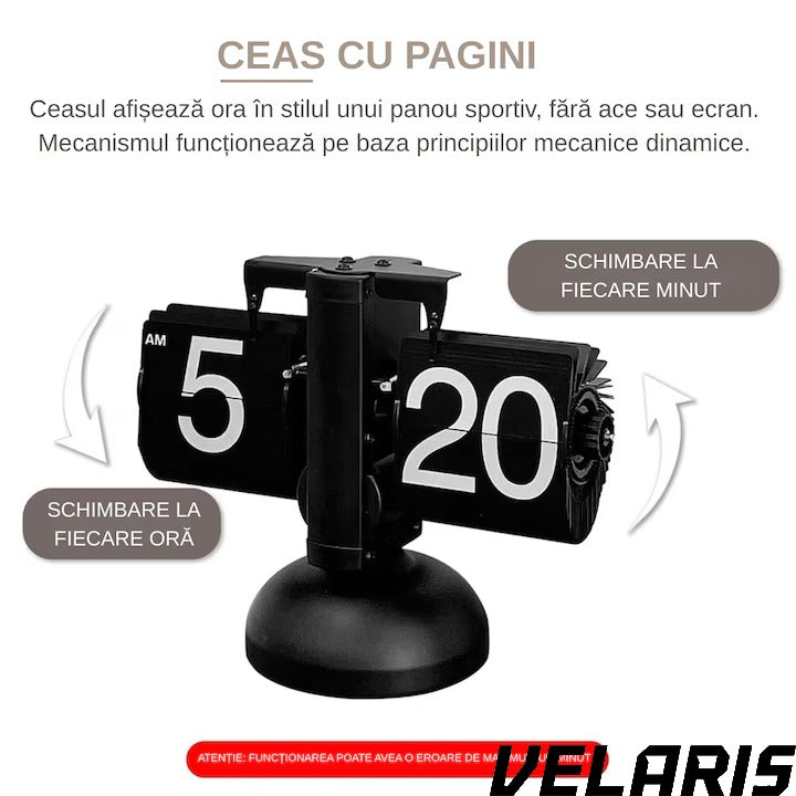 Ceas flip retro, numere mari, din otel inoxidabil, alimentat cu baterii, decor pentru living, negru clasic, design vintage, suport de metal