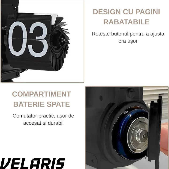 Ceas flip retro, numere mari, din otel inoxidabil, alimentat cu baterii, decor pentru living, negru clasic, design vintage, suport de metal