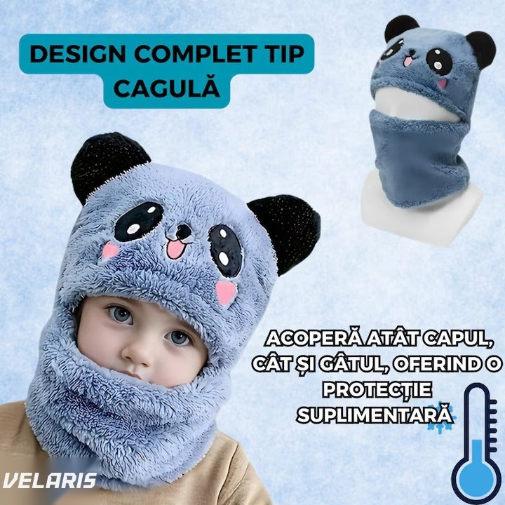 Căciulă balaclava 2 în 1 pentru copii, model urs panda zâmbitor, 1-5 ani, albastru