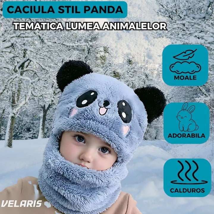 Căciulă balaclava 2 în 1 pentru copii, model urs panda zâmbitor, 1-5 ani, albastru