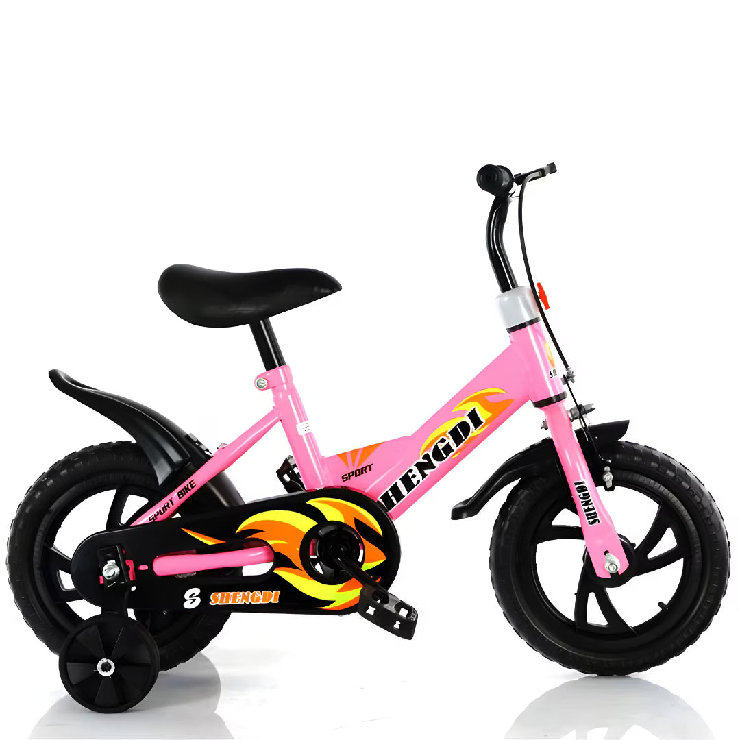 Bicicletă copii 12 inch cu roți ajutătoare, frână V, șaier reglabil, cadru metal, roz, 2-6 ani