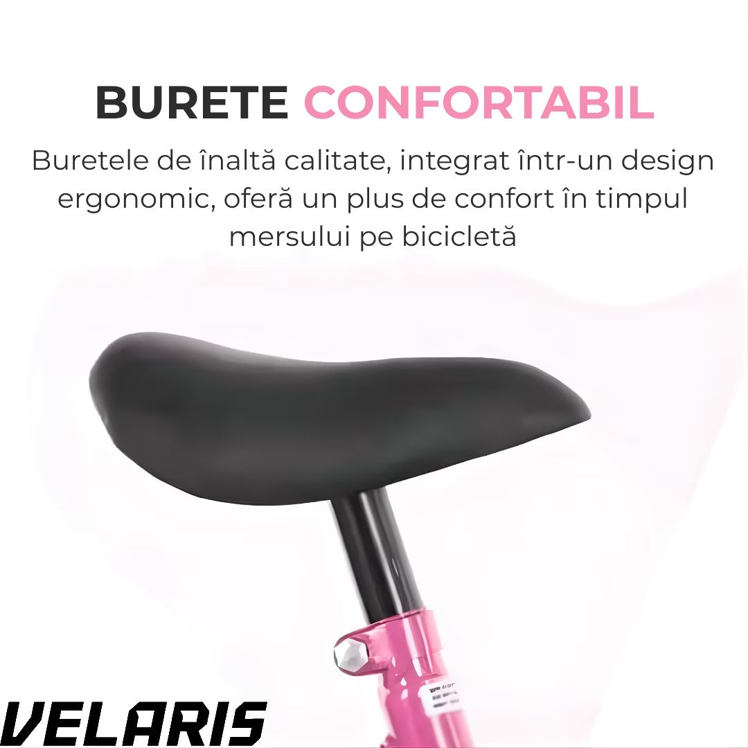 Bicicletă copii 12 inch cu roți ajutătoare, frână V, șaier reglabil, cadru metal, roz, 2-6 ani