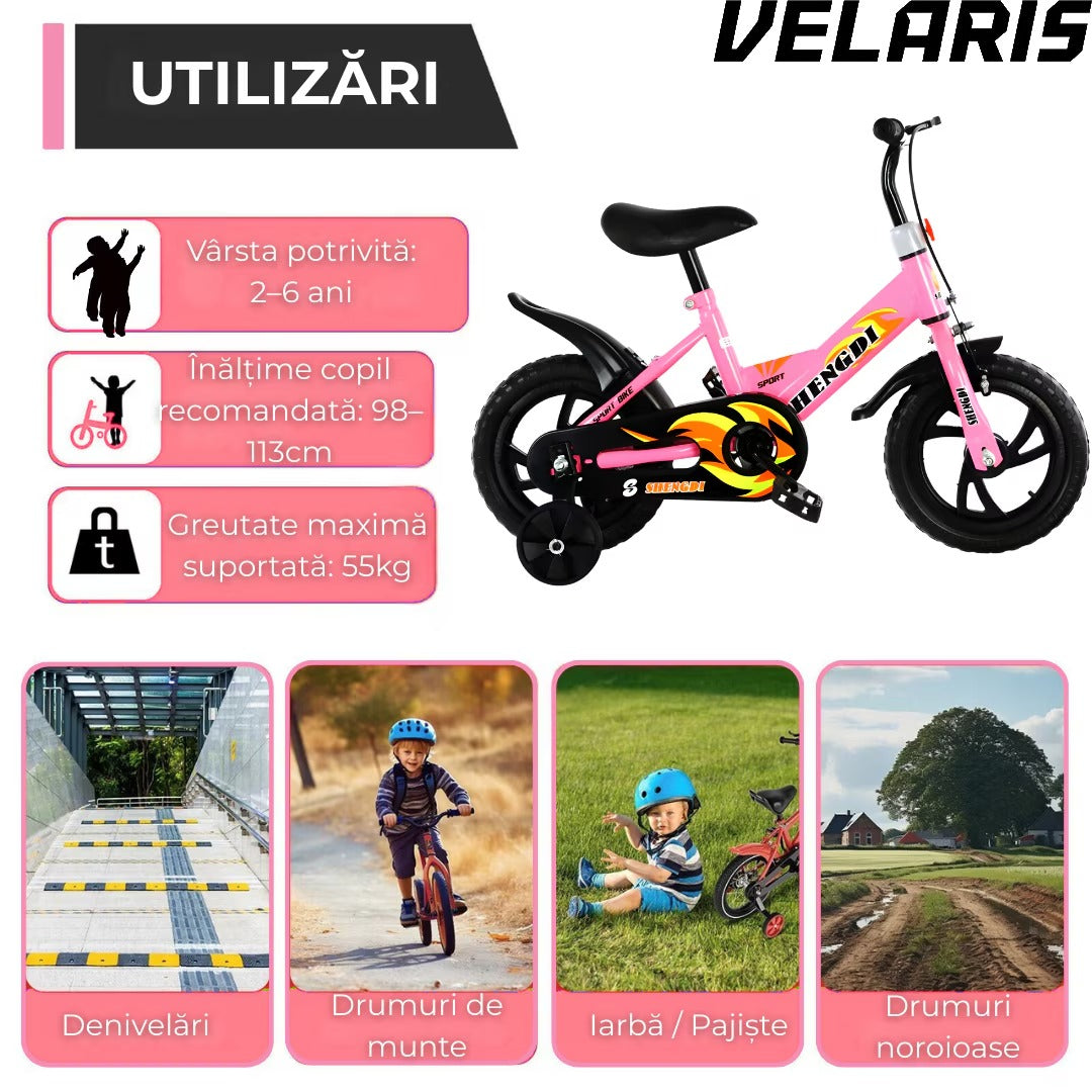 Bicicletă copii 12 inch cu roți ajutătoare, frână V, șaier reglabil, cadru metal, roz, 2-6 ani
