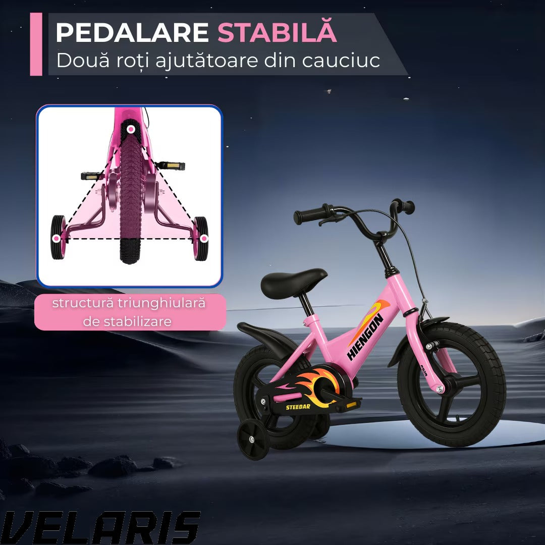 Bicicletă copii 12 inch cu roți ajutătoare, frână V, șaier reglabil, cadru metal, roz, 2-6 ani