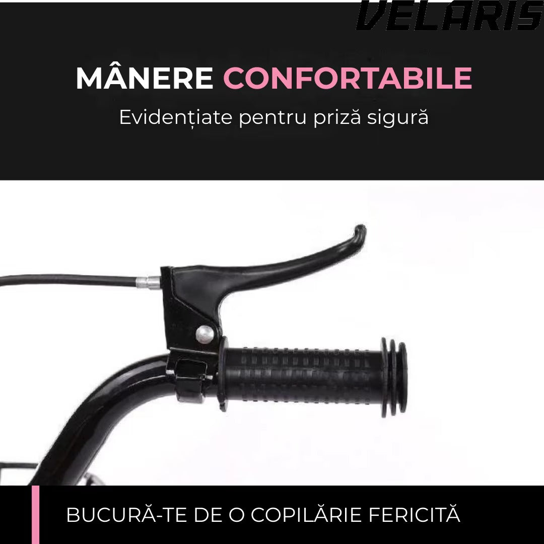 Bicicletă copii 12 inch cu roți ajutătoare, frână V, șaier reglabil, cadru metal, roz, 2-6 ani