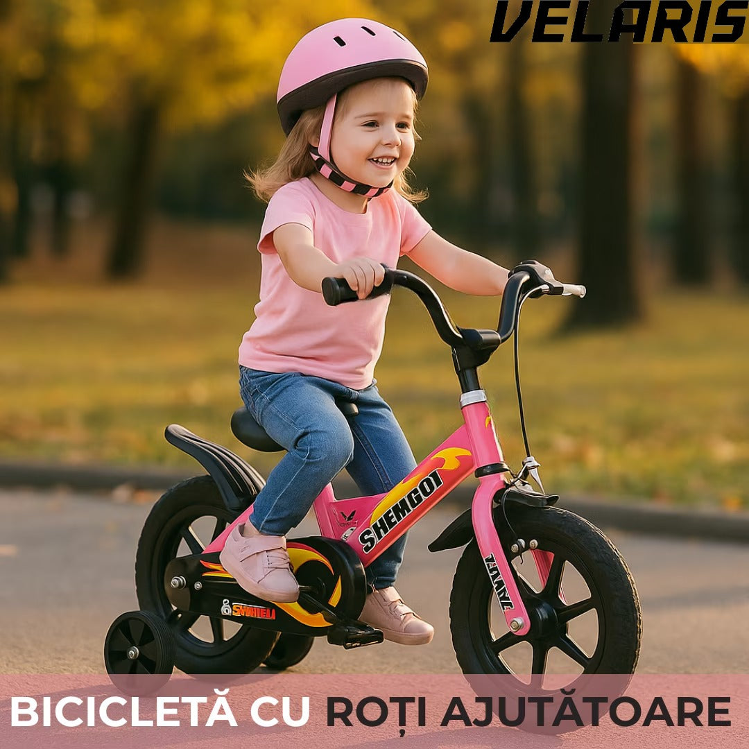 Bicicletă copii 12 inch cu roți ajutătoare, frână V, șaier reglabil, cadru metal, roz, 2-6 ani