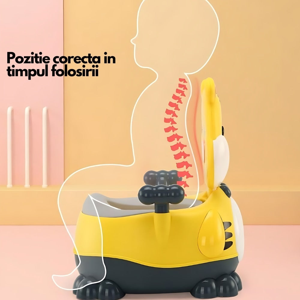 Olița pentru copii cu mânere, inel moale non-toxic, design văcuță, sistem anti-stropire, 6 luni-3 ani, albastru/galben