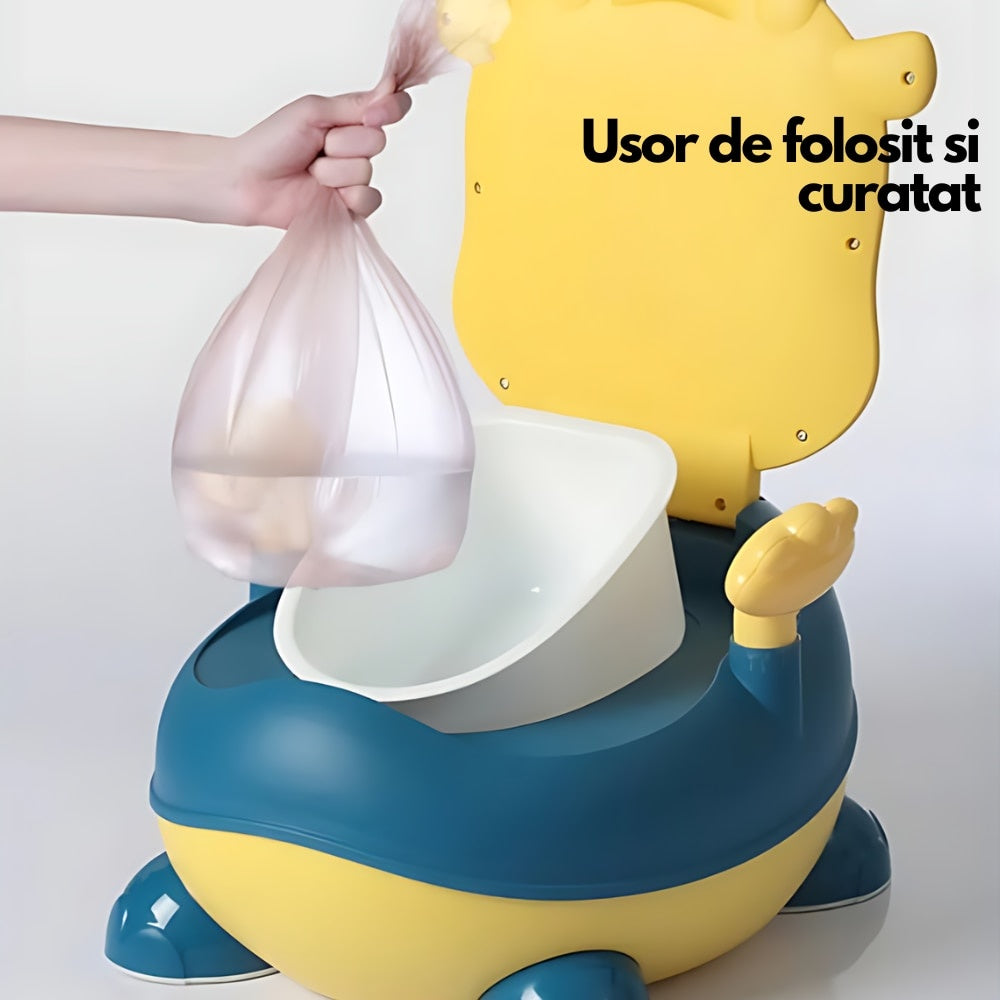 Olița pentru copii cu mânere, inel moale non-toxic, design văcuță, sistem anti-stropire, 6 luni-3 ani, albastru/galben