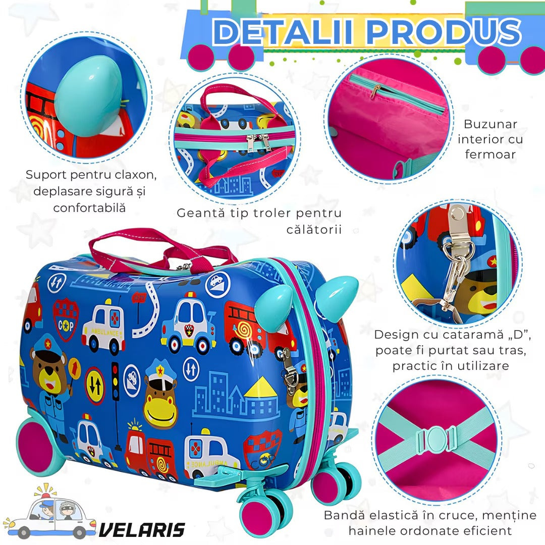 Geantă călătorie copii design înghețată, 28L, ABS rezistent, funcție scaun, roți 360°, albastru