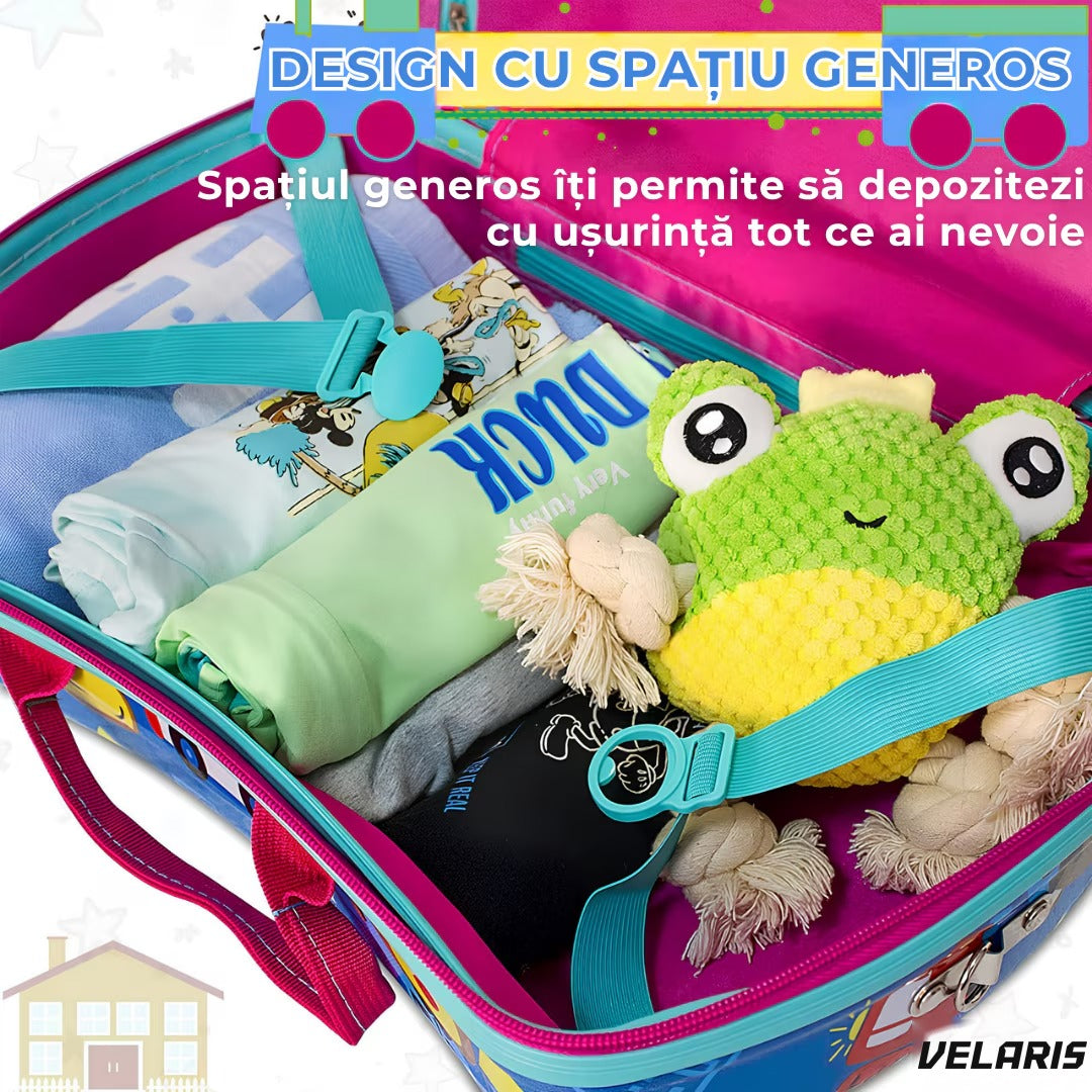 Geantă călătorie copii design înghețată, 28L, ABS rezistent, funcție scaun, roți 360°, albastru