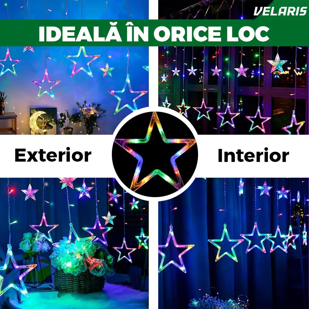 Instalație perdea Crăciun 3x3 m, model stele, 8 efecte, multicolor