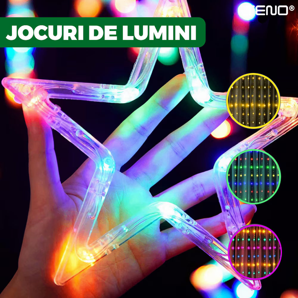 Instalație perdea Crăciun 3x3 m, model stele, 8 efecte, multicolor