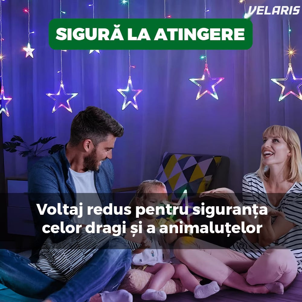 Instalație perdea Crăciun 3x3 m, model stele, 8 efecte, multicolor