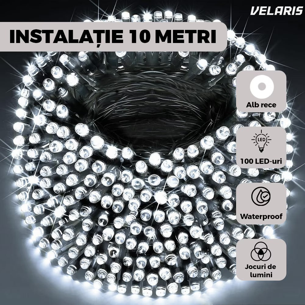 Instalație lineară Crăciun cu panou solar, 10 m, 100 LED alb rece