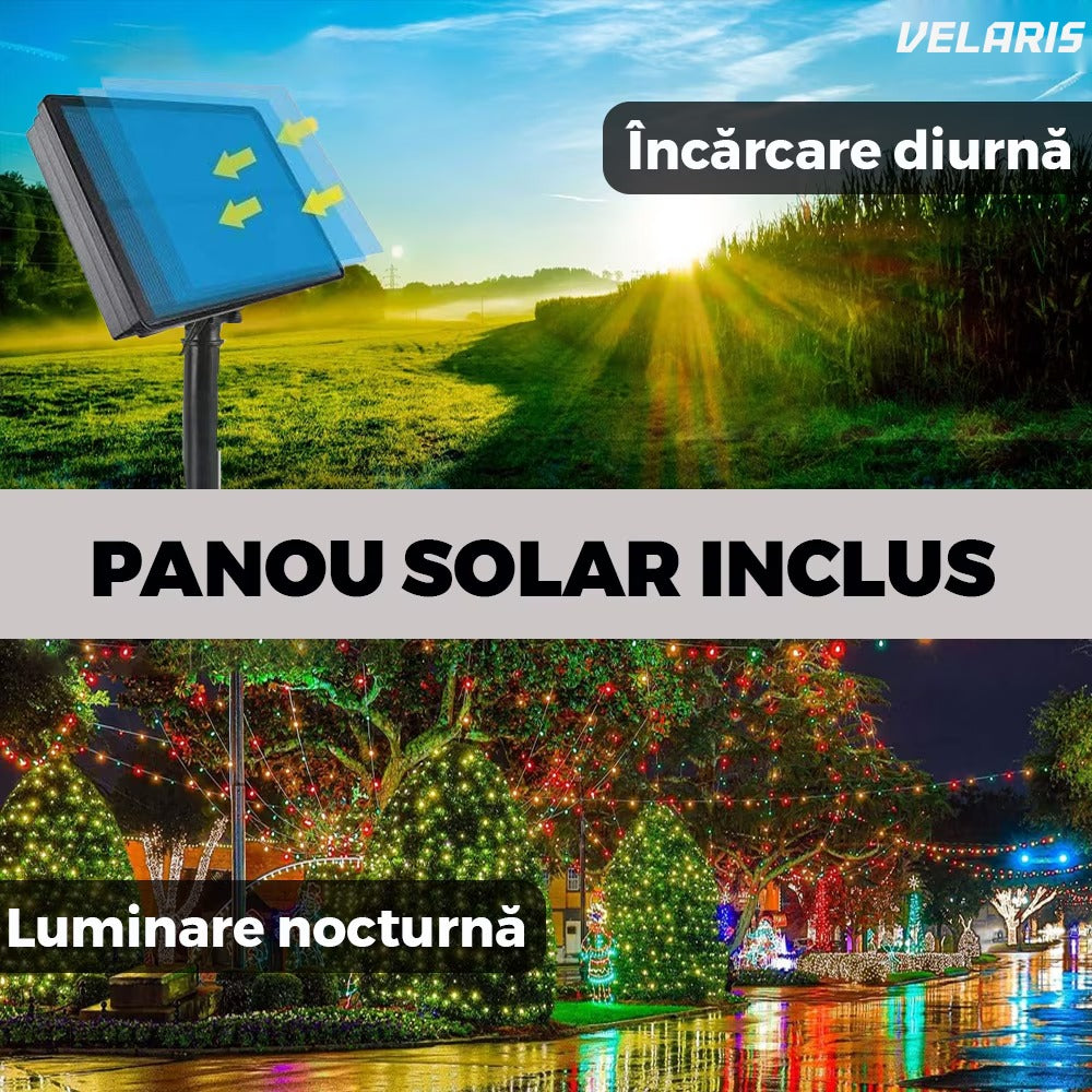 Instalație lineară Crăciun cu panou solar, 10 m, 100 LED alb rece