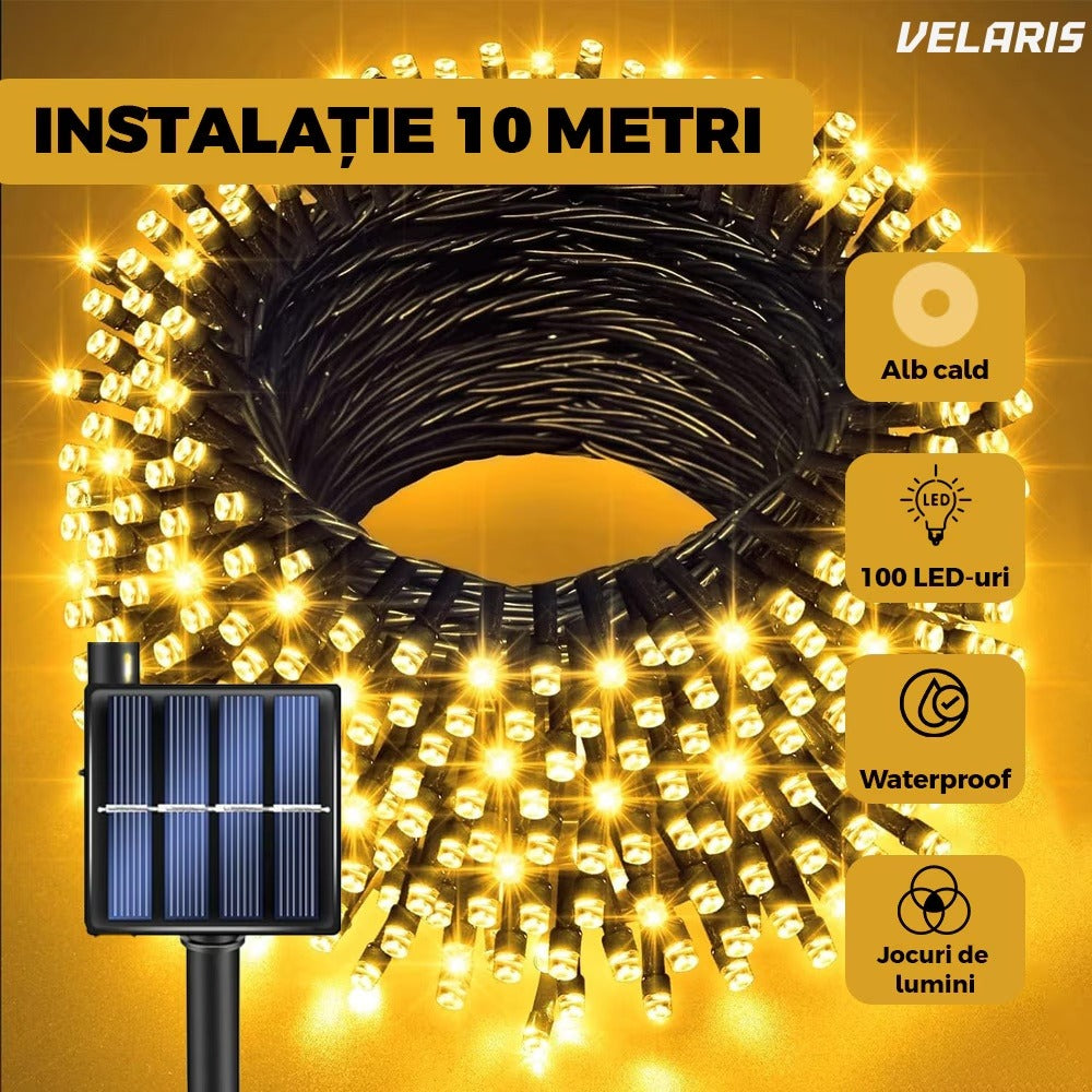 Instalație lineară Crăciun cu panou solar, 10 m, 100 LED alb cald