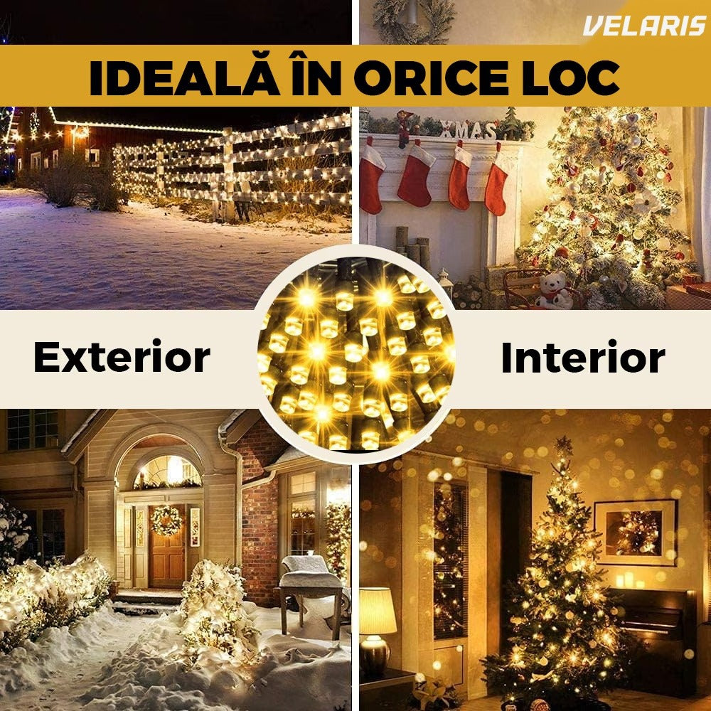 Instalație lineară Crăciun cu panou solar, 10 m, 100 LED alb cald