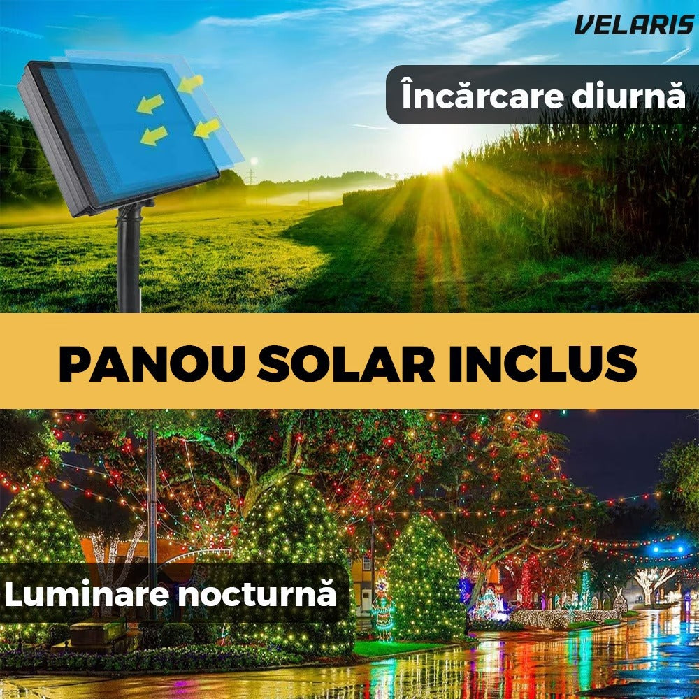 Instalație lineară Crăciun cu panou solar, 10 m, 100 LED alb cald
