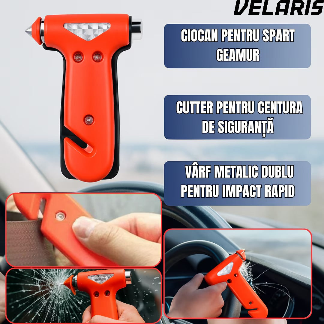 Ciocan de urgenta auto 3 in 1, ABS rezistent, cu cutter pentru centura de siguranta si cap metalic pentru spart geamuri
