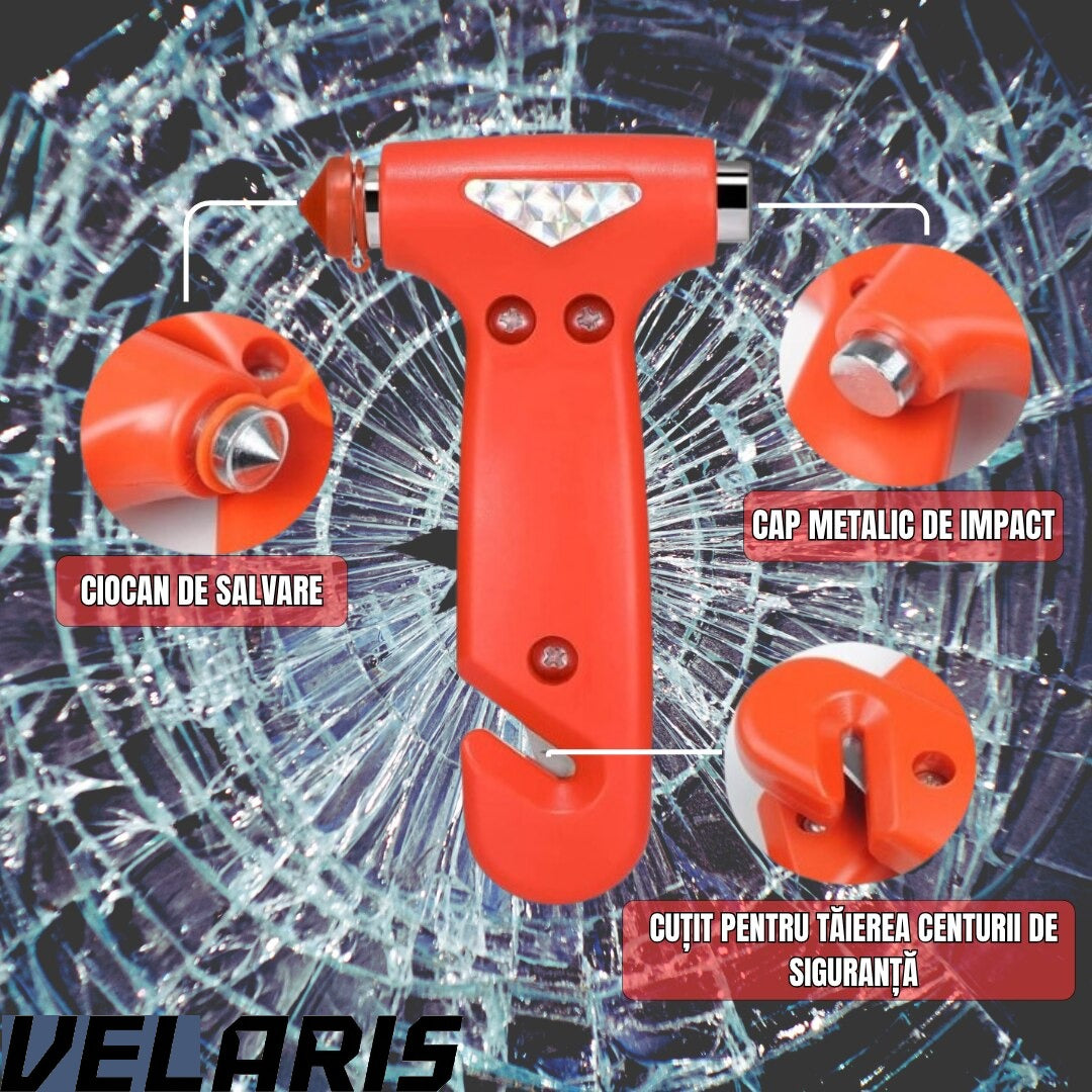 Ciocan de urgenta auto 3 in 1, ABS rezistent, cu cutter pentru centura de siguranta si cap metalic pentru spart geamuri