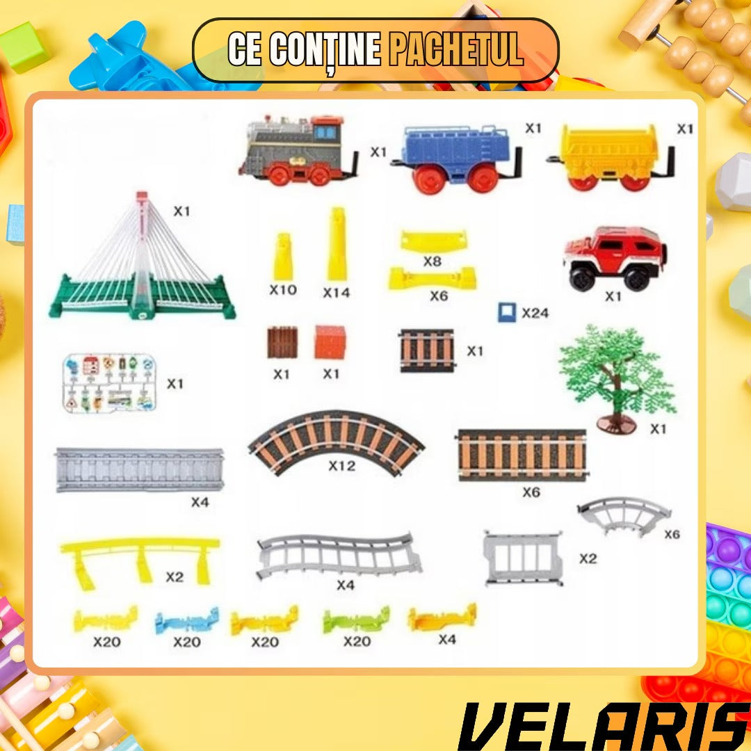 Circuit 2 in 1 XXL 140 Piese, 86x74 cm, cu Trenulet Electric si Masinuta, Pod cu Lumini, Pista Rapid Transit de Mare Viteza, Multicolor