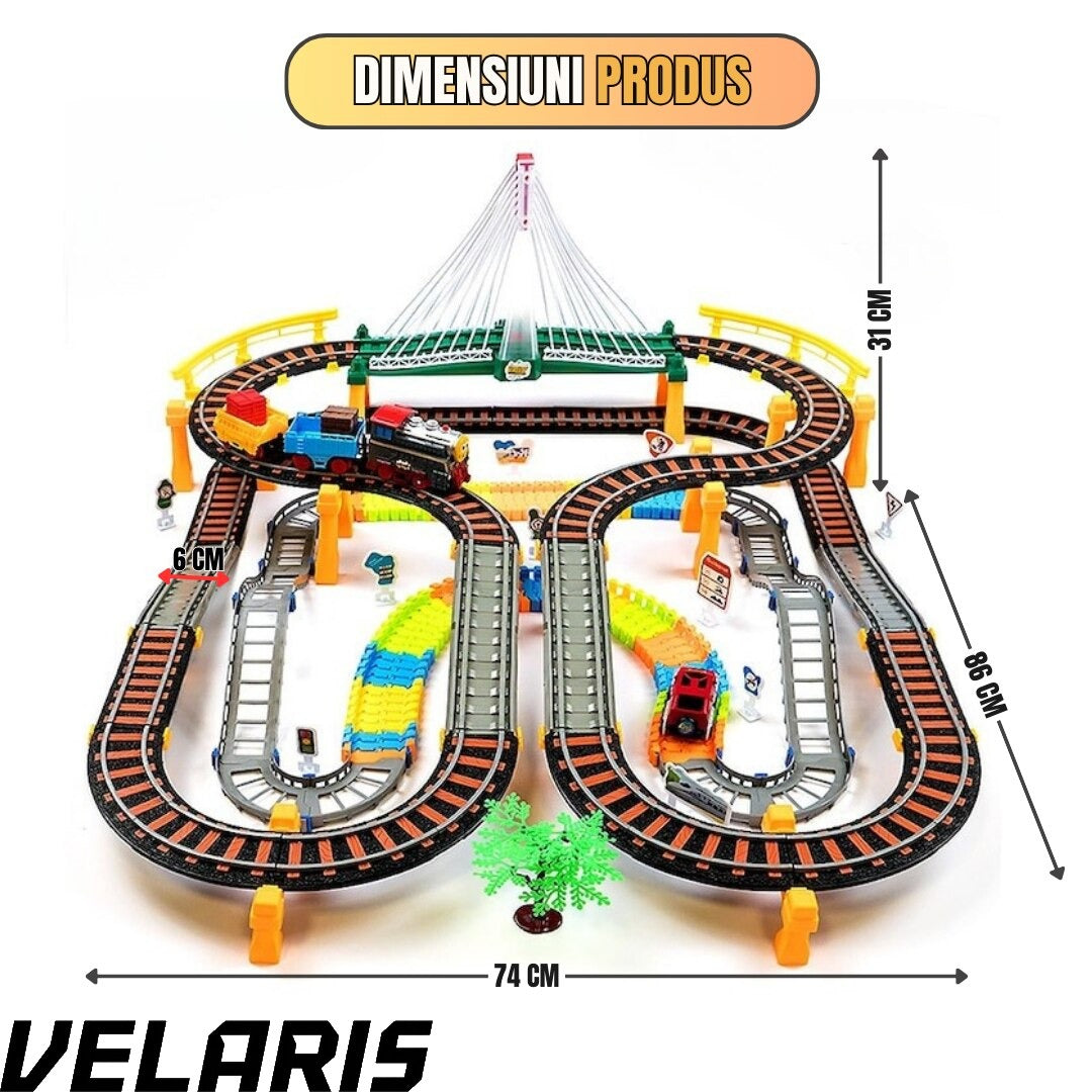 Circuit 2 in 1 XXL 140 Piese, 86x74 cm, cu Trenulet Electric si Masinuta, Pod cu Lumini, Pista Rapid Transit de Mare Viteza, Multicolor